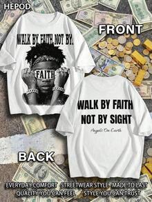 Premium Casual Unisex T-Shirts, Graphic Tees For Men, Urban Style Cotton T-Shirt, Round Neck, Loose Fit, For Autumn Travel And Holidays, Unisex, Gothic And Y2K Style, Print "Walk By Faith, Not By Sight". - 白色 5 - 查看 6