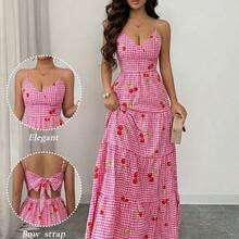 Vestido de tirantes rosa cereza con cintura ceñida y falda acampanada, vestido de verano casual y lindo para vacaciones. Vestido largo de mujer de verano estilo picnic, vestido maxi con lazo en la espalda a cuadros, vestido maxi a cuadros, vestido con estampado de fresa para mujer, vestido largo de verano, vestido rosa a cuadros para picnic, vestido con estampado de cereza para mujer, vestidos de verano para mujer, vestidos de picnic y vacaciones - Rosa - Ver 5