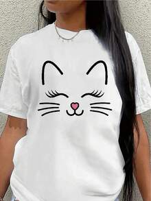 Lightweight And Durable Cat Print T-Shirt, Suitable For Casual Outings, Lounging At Home, Cafes, Or Outdoor Activities, Designed For Comfort And Everyday Wear. - 白色 - 查看 7