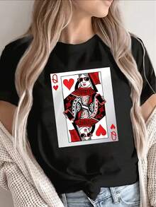 Short-Sleeved T-Shirt With A Queen Of Hearts Design, Lightweight And Durable, Perfect For Casual Wear At Home Or In A Restaurant, Comfortable Fit For Everyday Use. Coordinating Family Cotton T-Shirt. - 黑色 - 查看 12
