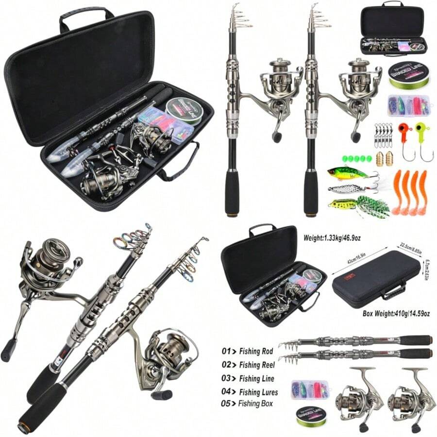 Sougayilang Combo de caña de pescar y carrete caña telescópica de fibra de carbono de 5.9 pies con carrete giratorio de 12+1 BB kit de agua dulce de agua salada - Paquete de 2  Kit completo de 5.9 pies con estuche portador - Ver 1