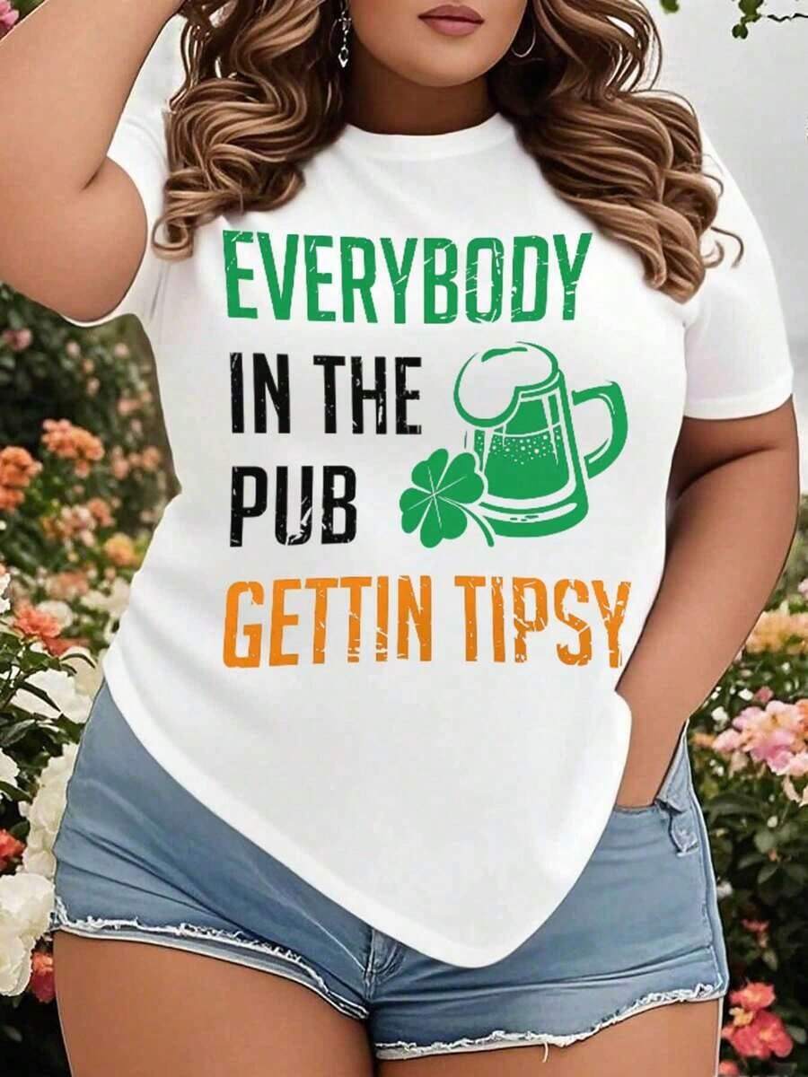 Camiseta Gráfica Divertida para Mujer, Talla Grande, con Diseño de Cerveza Verde y Trébol, para Celebración del Día de San Patricio, Estilo Casual - Blanco - Ver 1