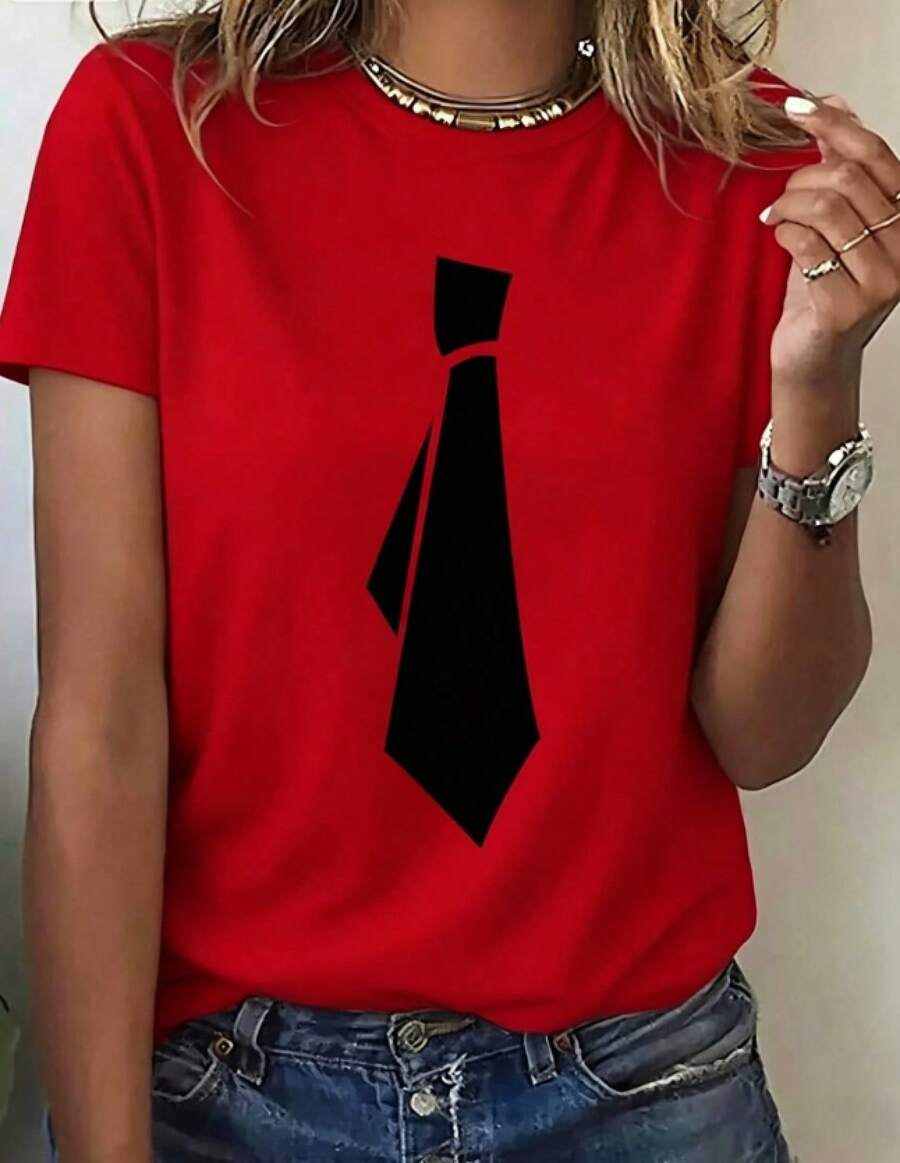 Una divertida camiseta de manga corta estampada con un diseño único y juguetón inspirado en corbatas, una camiseta de manga corta informal y a la moda para mujer, una elegante y cómoda camiseta de cuello redondo con estampado divertido, una camiseta ideal para regalar, una cómoda camiseta de cuello redondo para mujer 100% algodón. - Rojo - Ver 1
