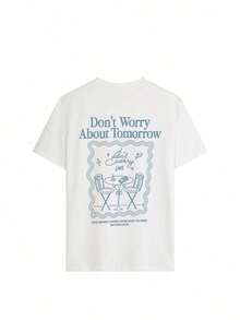 Women's Short-Sleeved T-Shirt With Retro "Don't Worry About Tomorrow" Print And Coffee Design, Aesthetic, Christian Graphic, Loose Fit, Round Neck, Casual Style For Everyday Wear, Urban Style, Summer Outings, Vacation. - 白色的 - 查看 2