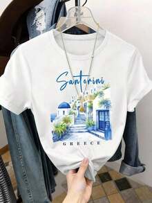 Women's Santorini, Greece Printed T-Shirt - White, Short Sleeve, Crew Neck, Casual, With Blue Dome Roofs And  Foliage Design, Lightweight, Spring/Summer Travel Souvenir, Bachelorette Party Gift, Spring Casual Wear | Vibrant Design T-Shirt - 白色 - 查看 10