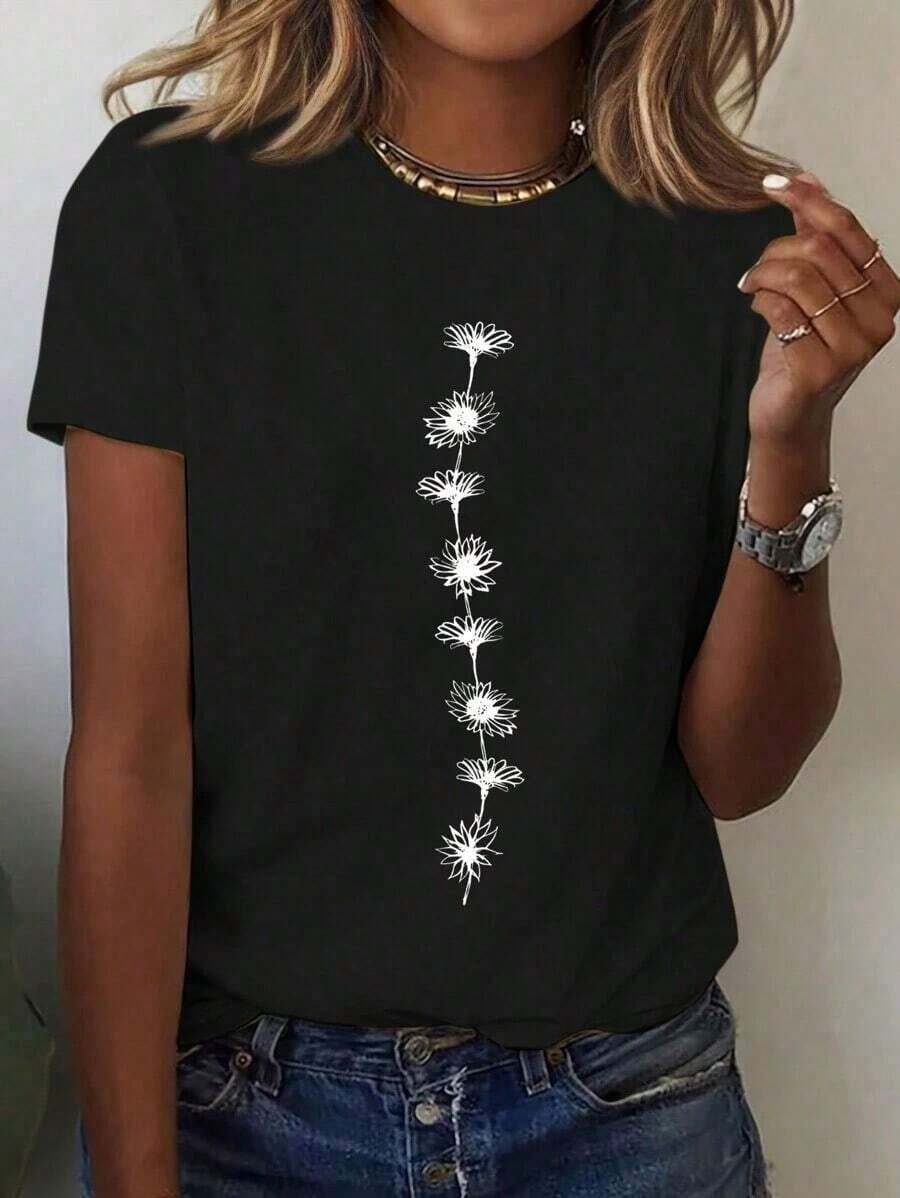 Soft And Casual Summer Crew Neck Short-Sleeve T-Shirt, Floral And Botanical Print, Graphic Tees, Going-Out Tops, Cotton, Vintage, European And American Street Style, Sporty Casual, Unisex Style, Urban Casual Style, Cute T-Shirts, Suitable For Spring, Summer And Autumn - 黑色 - 查看 1