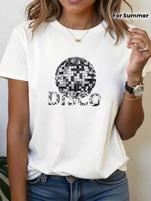 Camiseta de mujer 100% algodón con estampado de bola de discoteca "DISCO", cuello redondo, para primavera/verano, adecuada para compras informales, regalos de vacaciones y reuniones con amig - Blanco - Ver 4