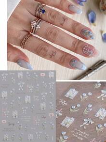 2片装3D立体郁金香美甲贴纸 - 法式手绘蝴蝶结淡蓝色美甲贴花 - 适合春夏、婚礼、毕业典礼、约会之夜DIY装饰 - 彩色 - 查看 3