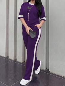 女款新款圓領短袖T恤與鬆緊腰寬鬆長褲兩件套，休閒日常穿著，春夏秋優雅風 - 紫色66+白 - 查看 1