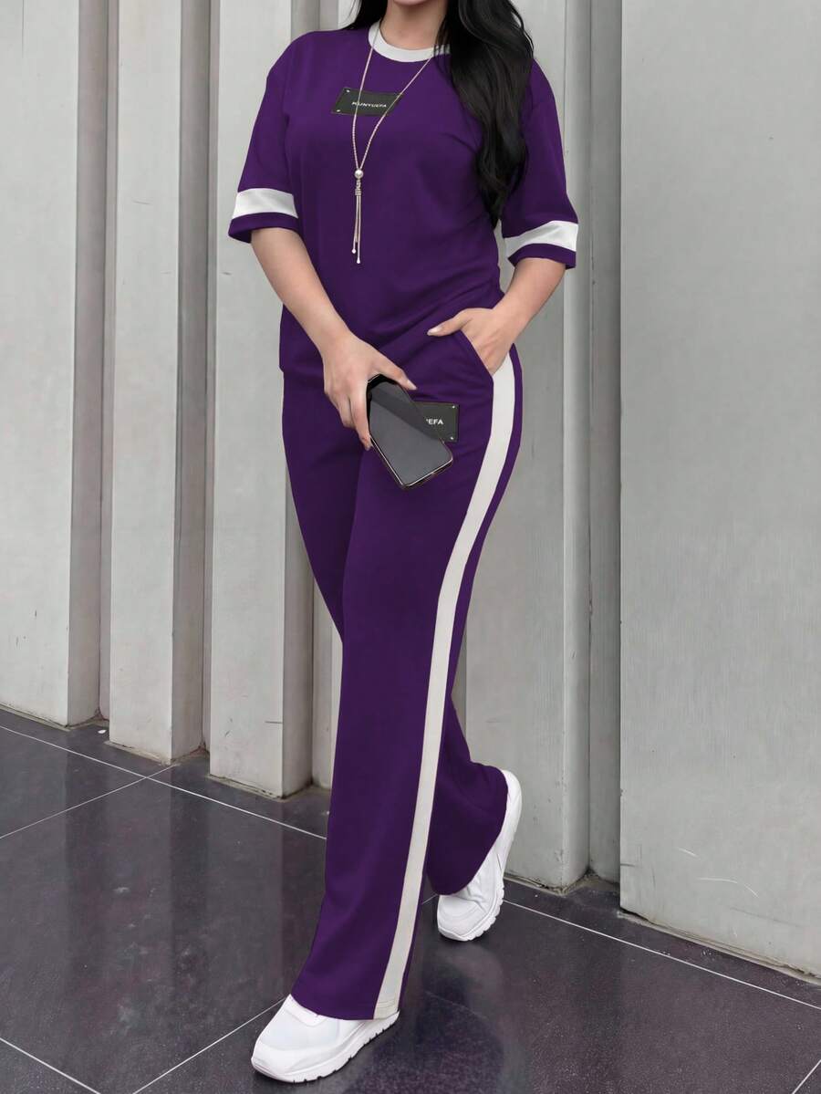 女款新款圓領短袖T恤與鬆緊腰寬鬆長褲兩件套,休閒日常穿著,春夏秋優雅風 - 紫色66+白 - 查看 1
