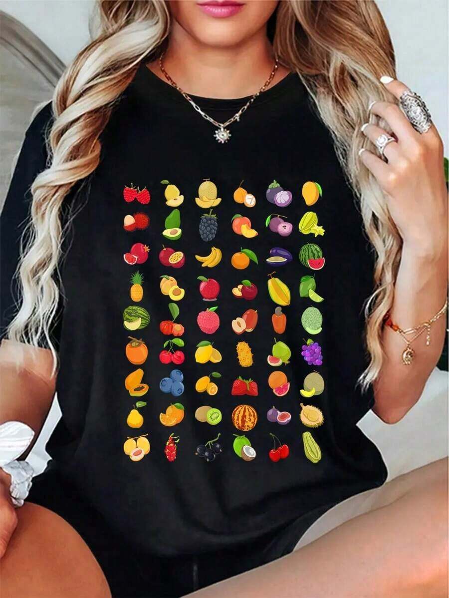 100% Cotton Many Different Fruits T-Shirt Adecuado como regalo.playera de mujer.blusas>elegante.boho chic,Top de mujer suave, transpirable y cómodo, ideal para primavera, verano y otoño, perfecto para vacaciones, viajes y uso diario. - Negro - Ver 1
