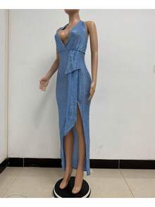 Elegante vestido largo ajustado para mujer en color negro con lentejuelas, escote en V profundo y abertura alta en el muslo, espalda descubierta, perfecto para fiestas y eventos nocturnos - Azul cielo - Ver 3