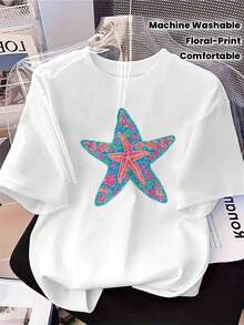 Women's T-Shirts With Colorful Starfish Floral Print - Inspirational T-Shirt For Women - Round Neck - Lightweight Casual Fantasy Design For Spring/Summer With Distinctive Quote - Machine Washable, Comfortable Casual Wear. - trắng - Xem 7