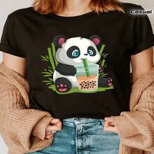 Women's Casual Cotton Round Neck Short Sleeve Panda Bubble Tea Graphic Tee Regular Length High Stretch Fabric - 黑色 - 查看 1