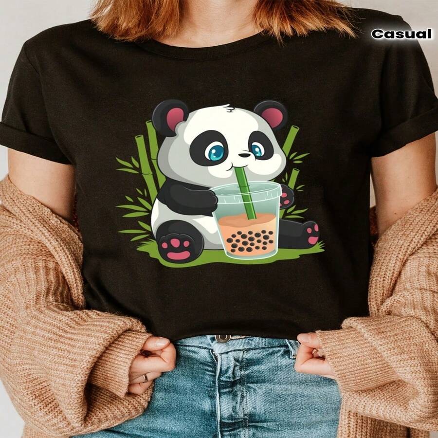 Women's Casual Cotton Round Neck Short Sleeve Panda Bubble Tea Graphic Tee Regular Length High Stretch Fabric - 黑色 - 查看 1