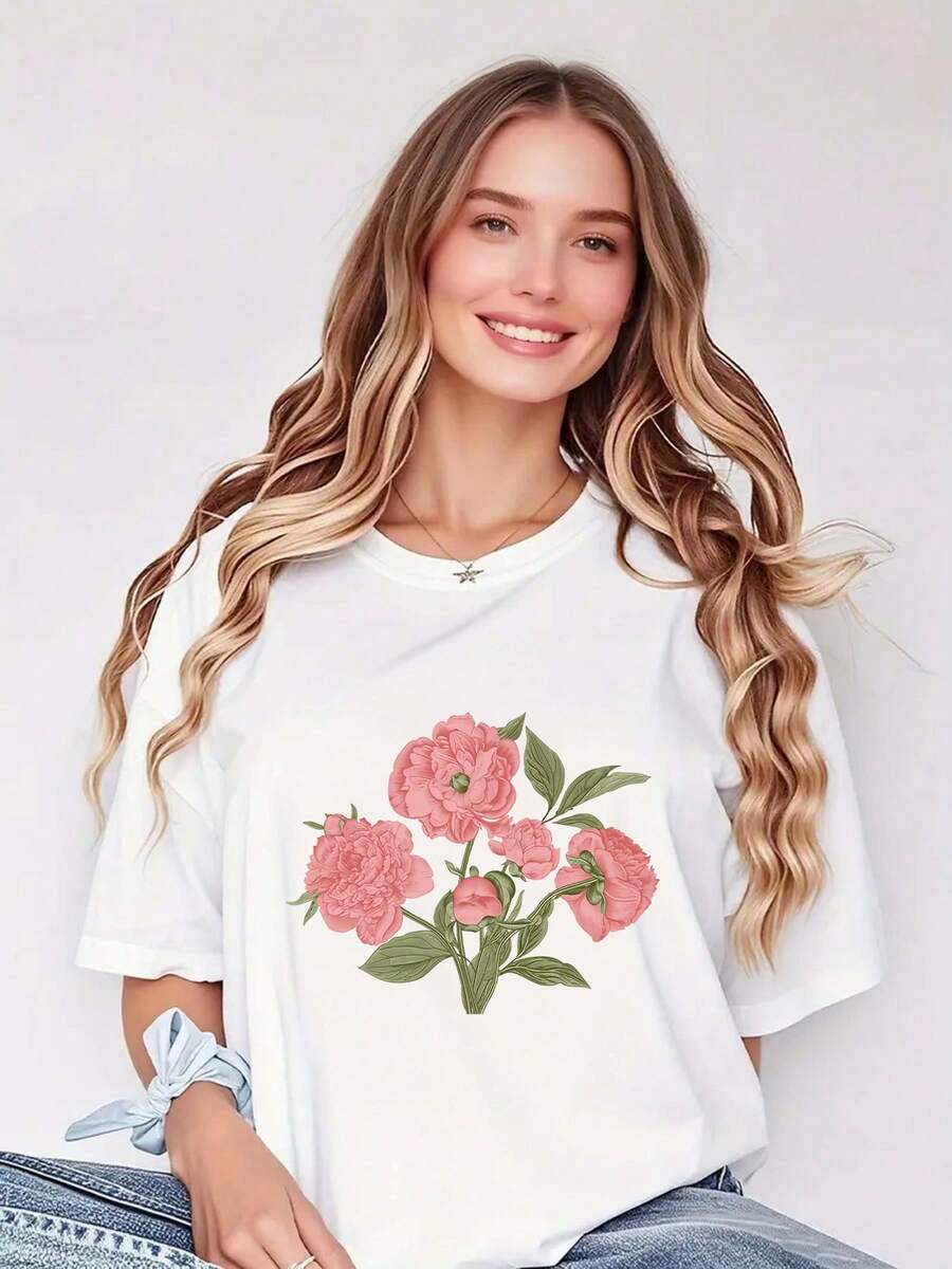 1 camiseta de algodón puro para mujer: Elegancia Nocturna: Camiseta de mujer con ramo de peonías negras - Moderna, 180g, 100% algodón - Blanco - Ver 1