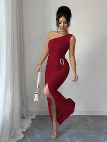 Nuevo vestido maxi de mujer de unicolor y sexy con hombro asimétrico, retorcido y fruncido, con cuello asimétrico, textura de punto y estilo ajustado, con diseño retorcido y con abertura, atuendo elegante para mujer, vestido para fiesta de primavera/verano, vacaciones, San Valentín - Gris - Ver 6