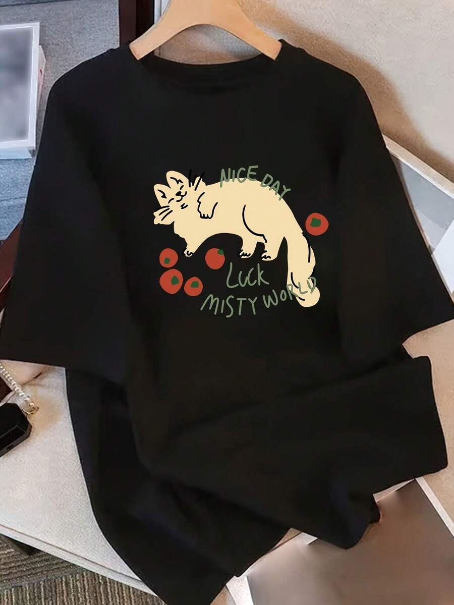 Camiseta de mujer% algodón, camisetas vintage de algodón para mujer, de manga corta, diseño único con estampado, nuevo estilo de verano 2026, corte holgado, manga media, top adelgazante para estudiantes y damas. - Negro - Ver 1