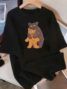 Camiseta de manga corta de algodón puro para mujer con estampado de diseño único, nuevo estilo de verano 2026, corte holgado, top adelgazante para estudiantes. Traje de fiesta elegante,T-shirt para damas elegantes,Blusas adecuadas para mujeres con curvas,Faldas de graduación,Ropa casual Estampado de animales adorables,Estampado de letras divertidas - Negro - Ver 6