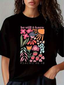 Women's Essential Casual T-Shirt With Inspirational Quote Print, Round Neck, Short Sleeve And Loose Fit - Spring/Summer Casual Style, Machine Washable Black Top, With The "Heartbeat And Action" Design, Women's T-Shirt Made Of Soft Cotton For Everyday Wear. - 黑色 - 查看 1