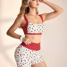 WanderVale 2pcs Women Floral & Polka Dot Print Cute Sweet Casual Sports Vest And Shorts Yoga Set Women's Swimsuit 2 Pieces Women's Swimsuits Two Pieces Swimwear Tummy Control Swimsuit Yacht Outfit Women Women Summer Outfits 2 Pieces Women Two Pieces Women's Summer Co Ord Women 2 Pieces Outfit Casual Women Vacation Outfit Sets - Rojo - Ver 4