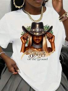 Women's Clothing Short Sleeve T-Shirt For Women With Girl Print Wearing Cowboy Hat And Boots On The Ground, Country Western Style, Casual Wear For Summer And Autumn, Everyday Outfits, Women's Shirts - 白色 - 查看 6