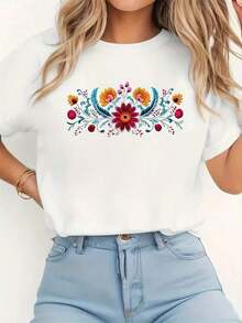 Women's Floral Print Short Sleeve T-Shirt | Vibrant Multicolor Floral Design, Casual Crew Neck, Breathable And Machine Washable, Suitable For Everyday Wear, Vacation, Office. Women's Blouses > Clothing - 白色 - 查看 1