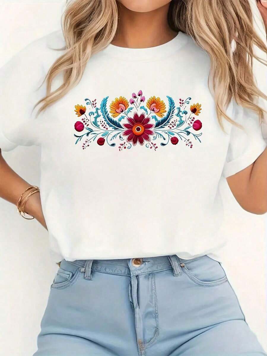 Women's Floral Print Short Sleeve T-Shirt | Vibrant Multicolor Floral Design, Casual Crew Neck, Breathable And Machine Washable, Suitable For Everyday Wear, Vacation, Office. Women's Blouses > Clothing - 白色 - 查看 1