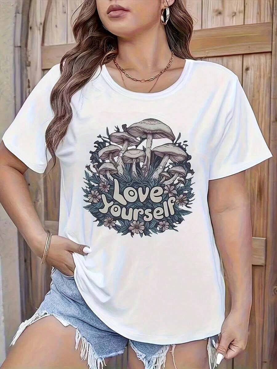 Women's Mushroom Print T-Shirt - White, Casual For Everyday Wear, Crew Neck, Short Sleeve, Machine Washable, Suitable For All Seasons, Printed Design, Loose And Comfortable Style, Lightweight And Fashionable, Weekend Outfit, Women's Blouses > Clothing - 白色 - 查看 1