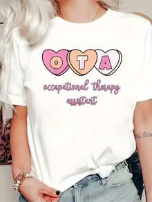 Short-Sleeved T-Shirt With Therapist Graphic Print, Casual Short-Sleeved Top For Women For Spring And Summer, Women's Summer Graphic T-Shirts, 100% Cotton. - 白色 - 查看 1