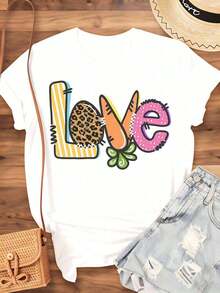 Women's Cotton T-Shirts With A "Love Letter" Graphic Design, Featuring A Colorful And Cute Pattern, Perfect For Summer Casual Wear, A Great Gift For Valentine's Day Or Birthdays, And As Basic Women's Blouses. - 白色 - 查看 3