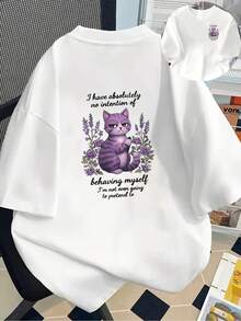 New Men's T-Shirt, 180g Weight, % Cotton, With A Design Of A Proud Cat, Double-Sided Pattern Of A Cat With Purple Stripes, Men's T-Shirt, Unique And Versatile, New Popular Style Of Men's Clothing, A Must-Have T-Shirt For Men With Front And Back Panels - Suitable For Layering In Spring And Autumn Or Alone In Summer, Unisex. - 白色 - 查看 6