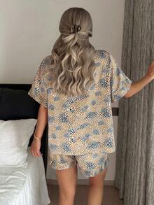 2pcs/Set Summer Leopard Print Women's Short Sleeve Top And Shorts Pajama Set - Gold - View 6