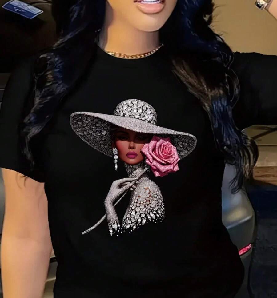 Elegant Women's T-Shirt With Diamond And Pink Rose Print, Short Sleeve, Round Neck, Casual Style, Black, For Everyday Summer Wear - Urban Vintage Style, Unisex, Loose Cotton T-Shirt With Round Neck And Short Sleeves - 黑色 - 查看 1