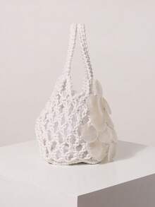 Women's Shell Decor Knitted Mini Handbag, Bohemian Style, Suitable For Beach Vacation, Travel And Summer Holiday, Lightweight Tote Bag, Suitable For Girls And Ladies, Beach Essential - White - View 6