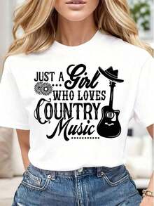 Just A Girl Who Loves Country Music, Guitar And Hat, Casual Women's T-Shirt, Soft And Comfortable, Gift For Country Music Fans, Christmas, Birthday, Cool Summer Clothes For Women. - 白色 - 查看 1