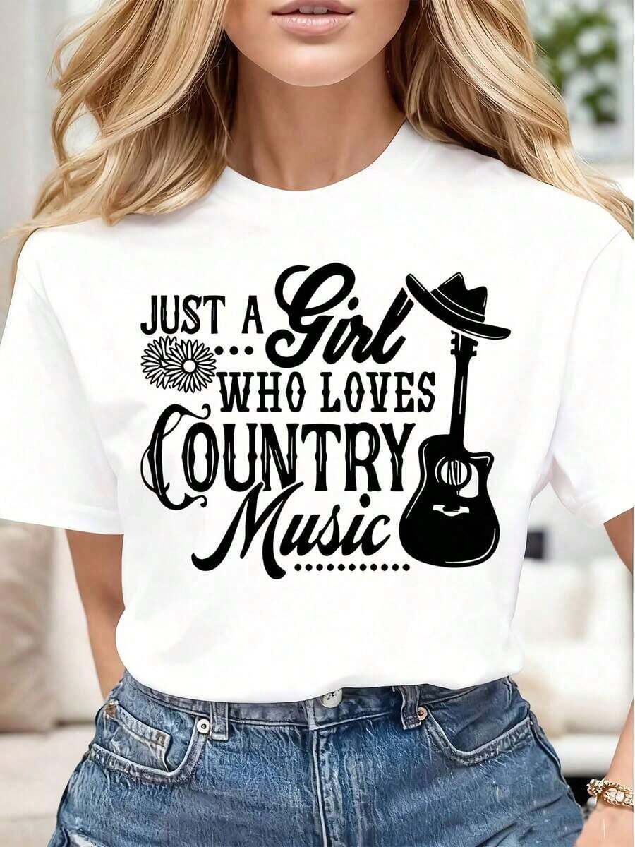Just A Girl Who Loves Country Music, Guitar And Hat, Casual Women's T-Shirt, Soft And Comfortable, Gift For Country Music Fans, Christmas, Birthday, Cool Summer Clothes For Women. - 白色 - 查看 1