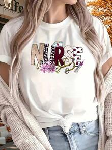 Camiseta Vintage de Algodón para Enfermeras con Estampado de Texto de Enfermera, Flores, Estetoscopio y Jeringa para Profesionales de la Enfermería y Trabajadores de la Salud - 220g para Uso Diario - Blanco - Ver 8