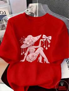 Women's Pink T-Shirt With 3D Floral Print And Pearls, Round Neck, Short Sleeve, Slim Fit, Casual Style For Spring Summer - Unisex Vintage Urban Style, Short Sleeve Cotton T-Shirt With Round Neck - 紅色 - 查看 4