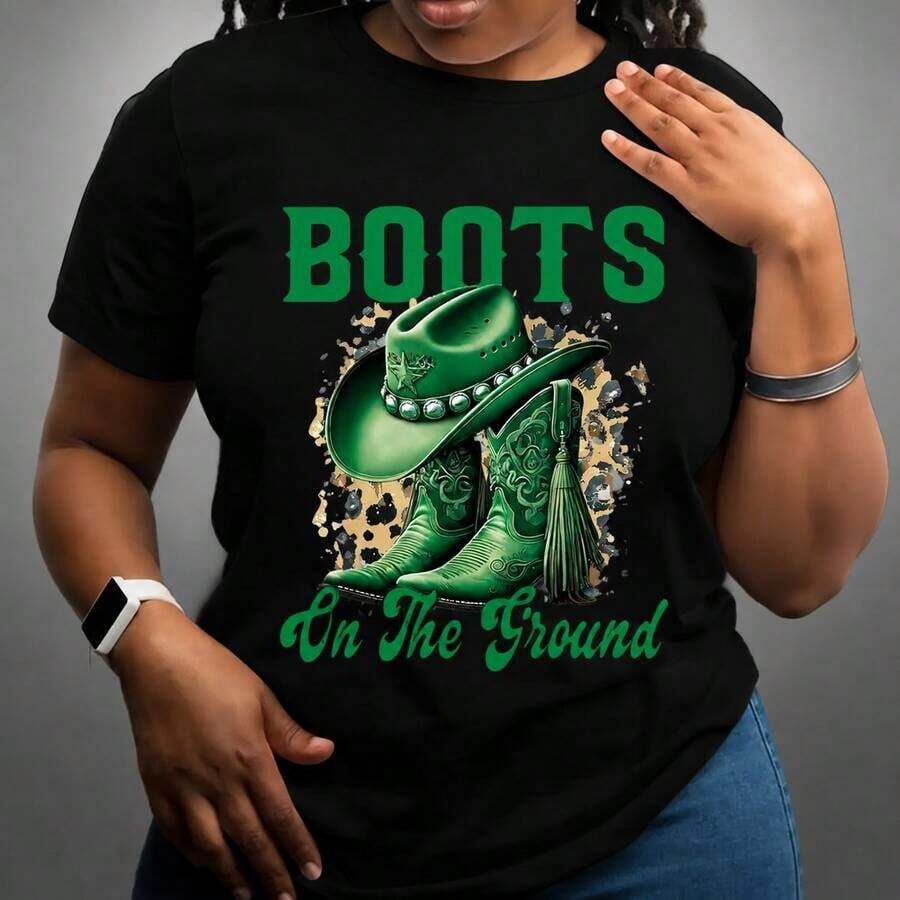 GiftWomen Women's Cotton T-Shirt, Sizes M-5XL, Western Cowboy Boots And Hat Graphic Print, Casual Loose Fit Short Sleeve Green Letter Print T-Shirt For Everyday Wear, Comfortable And Soft Clothing - 黑色 - 查看 1
