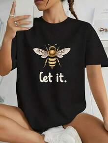 PremiumFashionable Wo Loose-Fitting White T-Shirt, Adorned With Exquisite Golden Bee Patterns And The Phrase "Let It." It's A Casual And Comfortable Summer T-Shirt, Suitable For Everyday Wear And Selfies. Great Gift Idea. - 黑色 - 查看 1