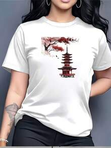 Camiseta Sakura de 180g para Mujer - Camiseta de Manga Corta con Cuello Redondo y Diseño Artístico, Top Casual Suave, Ideal para Regalos en Reuniones Familiares, Eventos Corporativos y Uso Diario, Ropa de Primavera Lavable a Máquina - Blanco - Ver 7