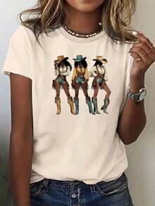 Women's Short Sleeve Summer T-Shirt, Black Denim Graphic Tee, Western Style Cowboy Print Tops, Casual Everyday Wear, Breathable Fabric, Perfect For Western Fashion Fans And Black Heritage Enthusiasts - 彩色 - 查看 8