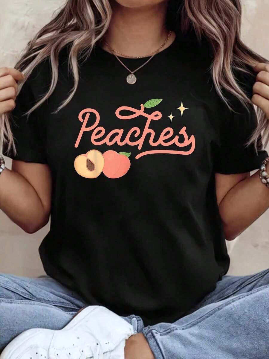 Cool Women's Casual Short-Sleeved T-Shirt With A Peach Fruit Graphic Print, A Casual Summer Top Made Of Comfortable Fabric, Perfect As A Gift. - 黑色 - 查看 1