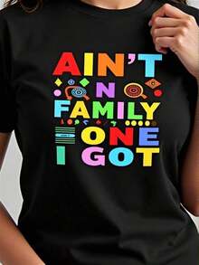 Y2K Women's T-Shirt With "My Family Is Unmatched" Print - Casual Loose Fit In Black, With Colorful Family Slogan Print (0XL-4XL), Suitable For Summer, Spring, And Family Events - Matching T-Shirts For Sisters, Mothers, And Cousins. Women's Blouses > Clothing - 黑色 - 查看 1