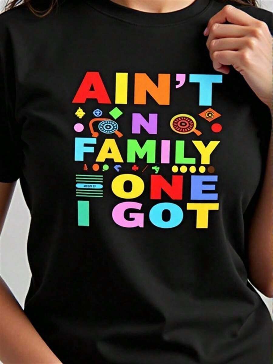 Y2K Women's T-Shirt With "My Family Is Unmatched" Print - Casual Loose Fit In Black, With Colorful Family Slogan Print (0XL-4XL), Suitable For Summer, Spring, And Family Events - Matching T-Shirts For Sisters, Mothers, And Cousins. Women's Blouses > Clothing - 黑色 - 查看 1