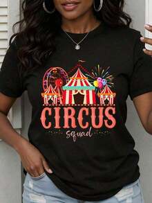 Women's Short-Sleeve Circus T-Shirt, Fun, With A Carnival-Themed Print, Ideal For Parties, Casual Summer Wear For Festivals And Events. Pretty Blouses, 100% Cotton. - 黑色 - 查看 5