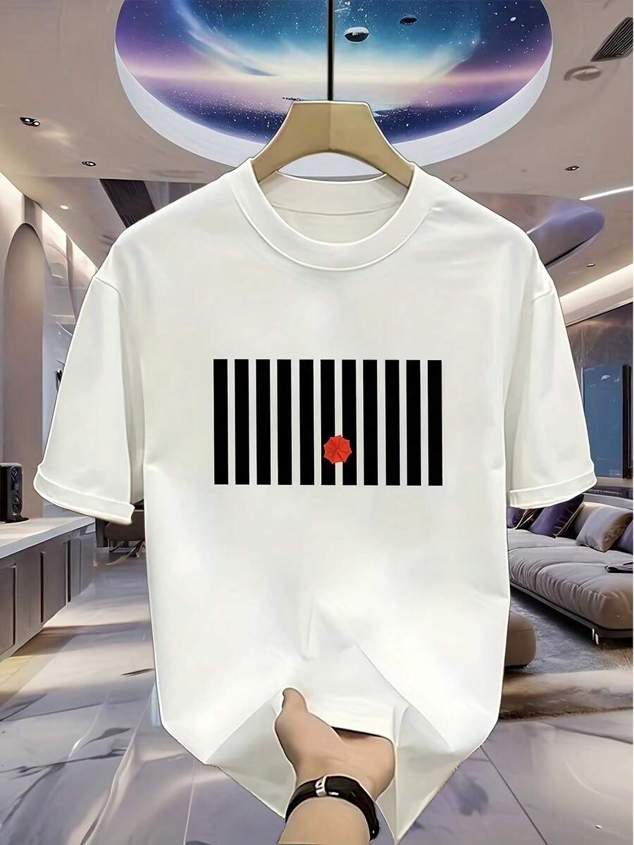 Men's 100% Cotton T-Shirt - Minimalist Short Sleeve Casual T-Shirt With Round Neck And Black And White Stripes, Breathable For All Seasons, Versatile Casual Outfit With Striped Pattern Inspired By The Torii Gate (No Gate Icon) - Ideal Gift For Tee - 白色 - 查看 1