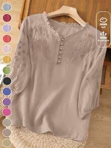 Blusa ligera y holgada de viscosa con bordado retro para mujer, para primavera y verano, casual, estilo campestre, tops de verano - Marrón Mocha - Ver 3