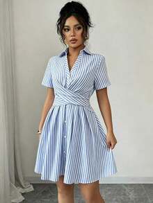 Women's Summer Shirt Dress, V-Neck, Raglan Sleeves, Crossover Waist Tie, Pink Stripes - 白色 - 查看 6